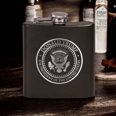 Trump 47th Presidential Seal Laser Engraved Black Stainless Steel Hip Flask | Political Gift | Trump 2024 Flask | Trump Merch