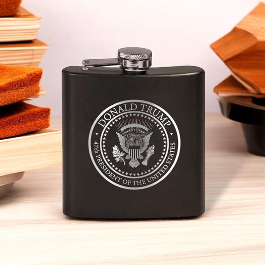 Trump 47th Presidential Seal Laser Engraved Black Stainless Steel Hip Flask | Political Gift | Trump 2024 Flask | Trump Merch / Valentine's Day Gift