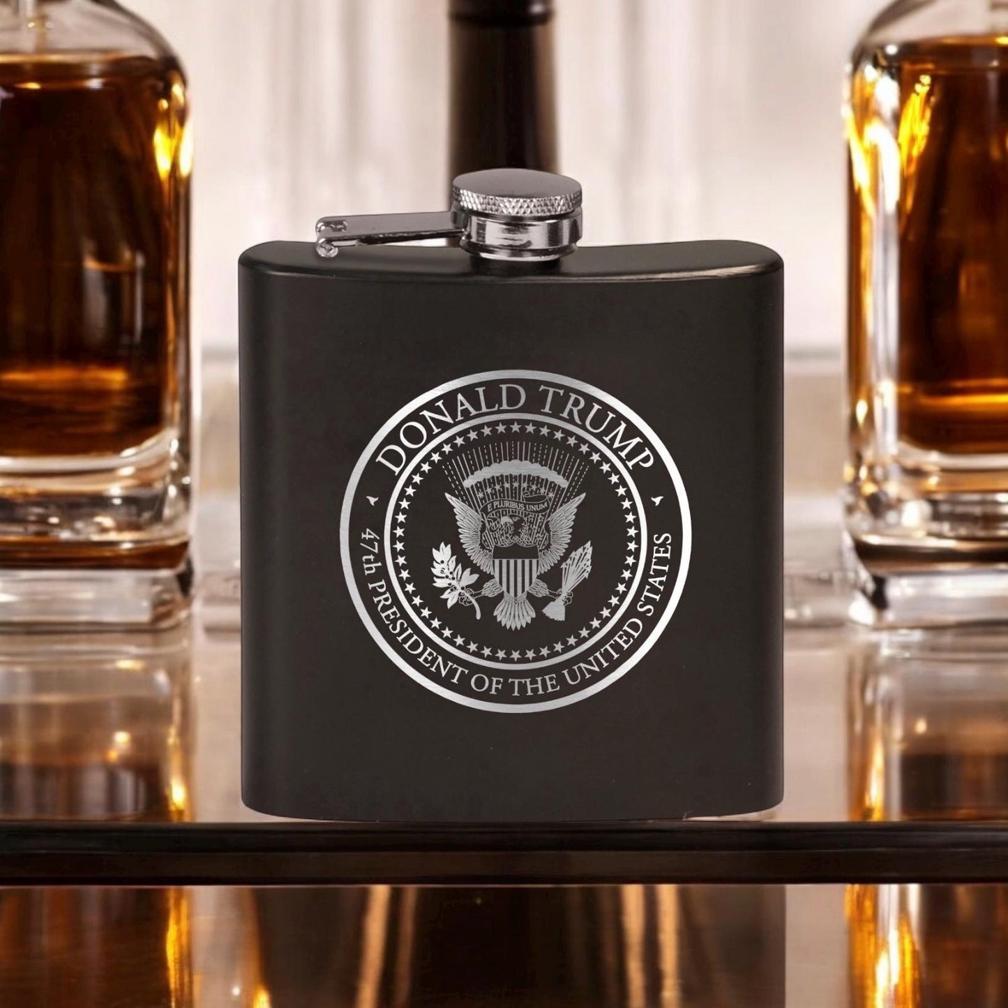 Trump 47th Presidential Seal Laser Engraved Black Stainless Steel Hip Flask | Political Gift | Trump 2024 Flask | Trump Merch / Valentine's Day Gift