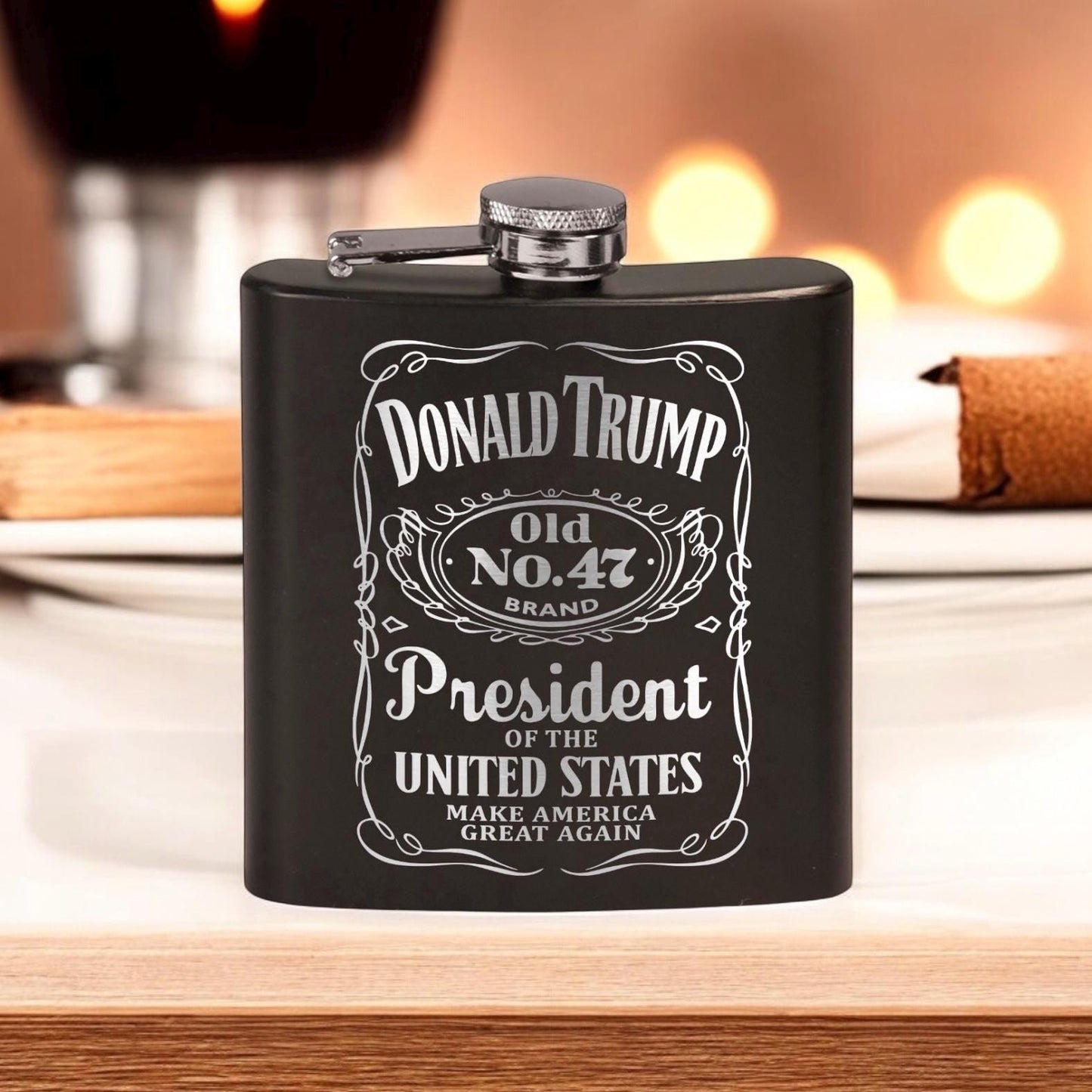 Trump Old No 47 Laser Engraved Black Stainless Steel Hip Flask | Political Gift | Trump 2024 Flask | Trump Merch / Valentine's Day Gift
