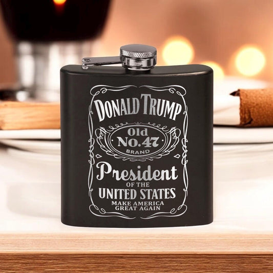 Trump Old No 47 Laser Engraved Black Stainless Steel Hip Flask | Political Gift | Trump 2024 Flask | Trump Merch / Valentine's Day Gift