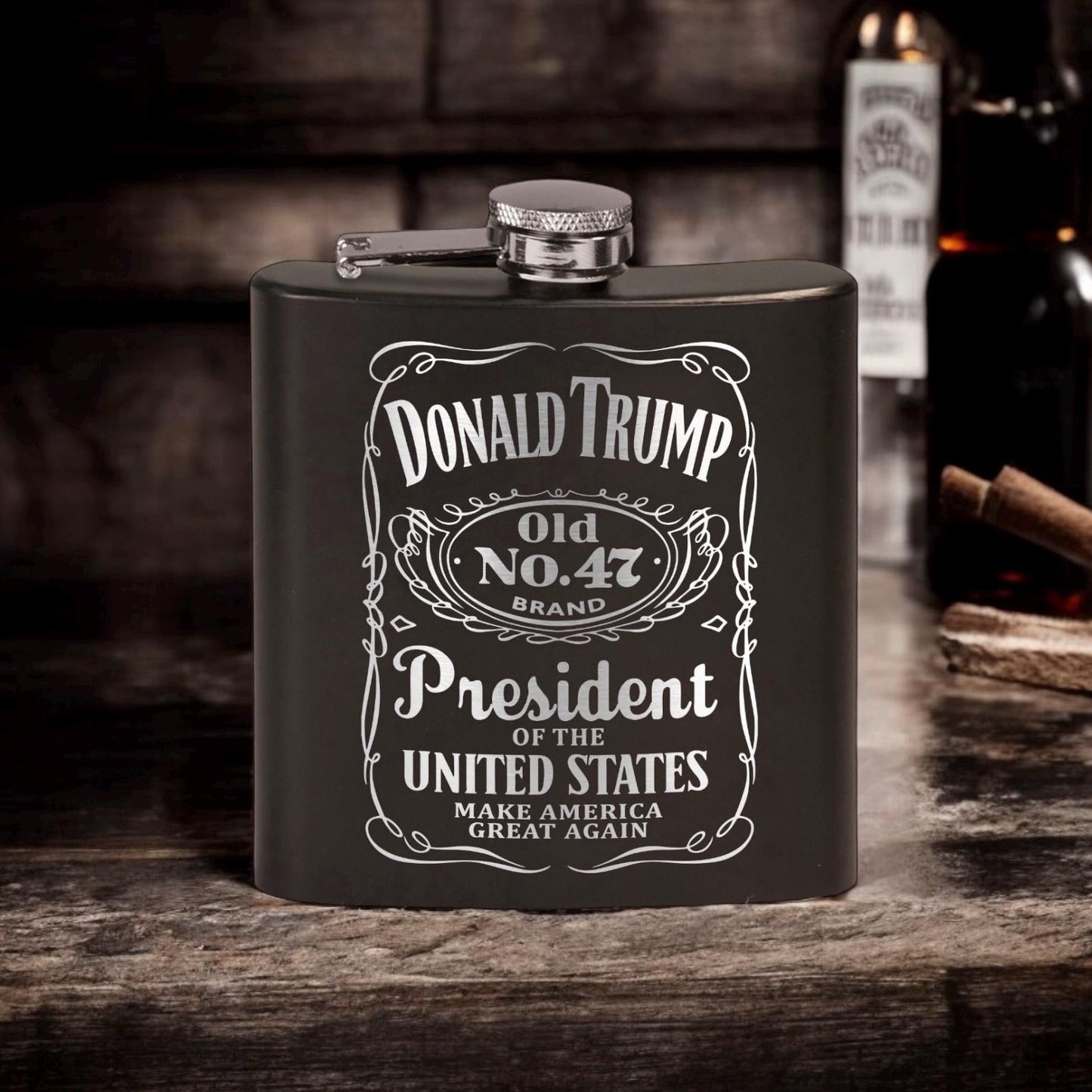 Trump Old No 47 Laser Engraved Black Stainless Steel Hip Flask | Political Gift | Trump 2024 Flask | Trump Merch / Valentine's Day Gift