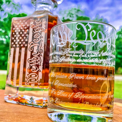 We The People American Flag  360 Wrap U.S. Constitution Glass  Engraved Whiskey Decanter or Decanter Set of 3    / Valentine's Day Gift