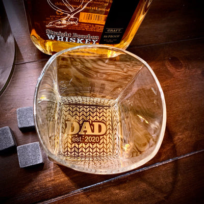 DAD EST. Date Whiskey Glasses Set of 2 - Old Fashioned Whiskey Bourbon or Scotch (Tread Bottom Design)    / Christmas Gift