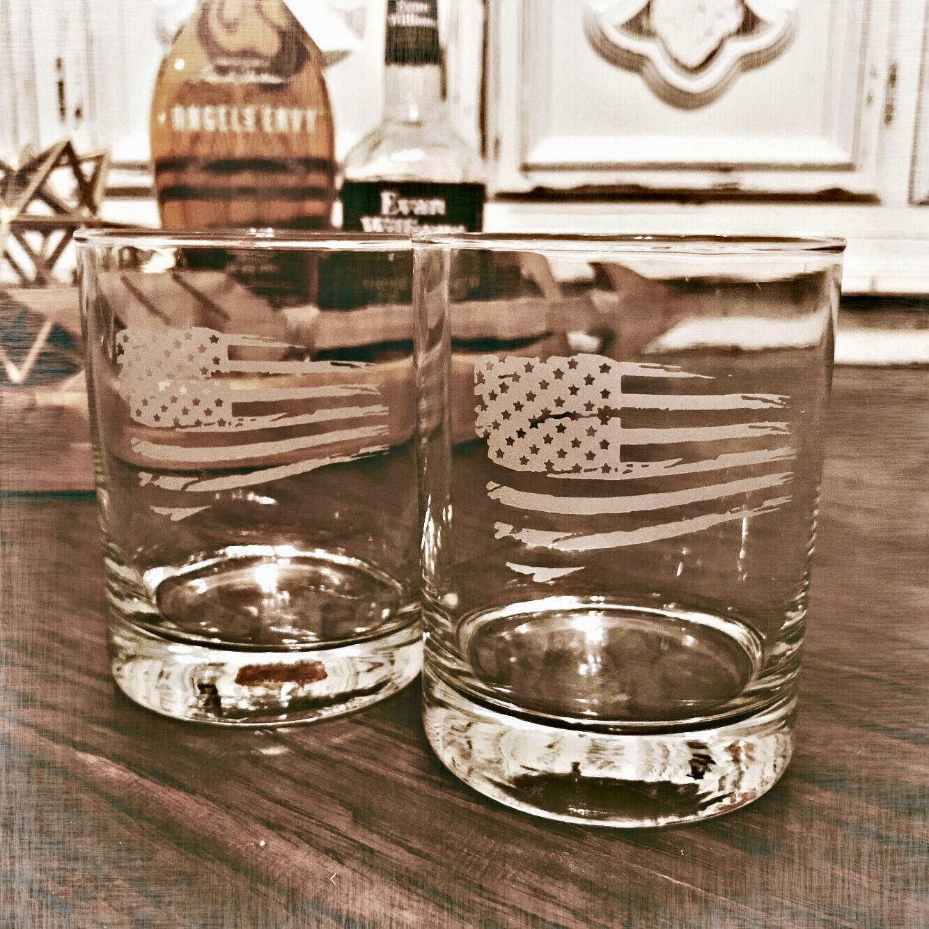 Tattered American Flag Whiskey Glass / Father's Day Gift / Valentine's Day Gift