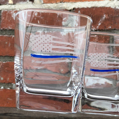 Thin Blue Line Distressed American Flag Whiskey Glass Set    / Christmas Gift