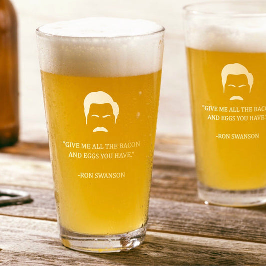 Ron Swanson  Give Me All The Bacon  Pint Glass / Father's Day Gift