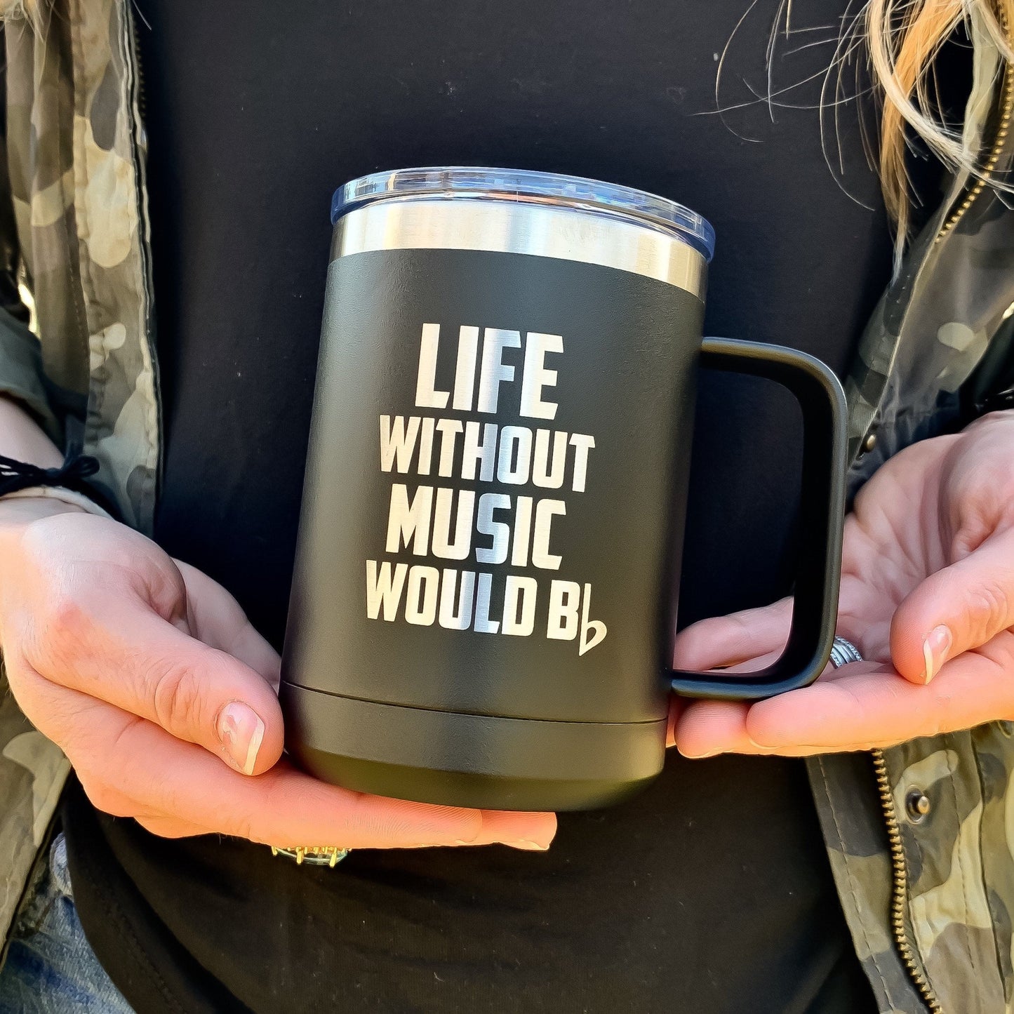 Musical Quote Etched Stainless Powder Coated Coffee Mug Tumbler with Lid - Life Without Music Would B Flat    / Father's Day Gift / Valentine's Day Gift