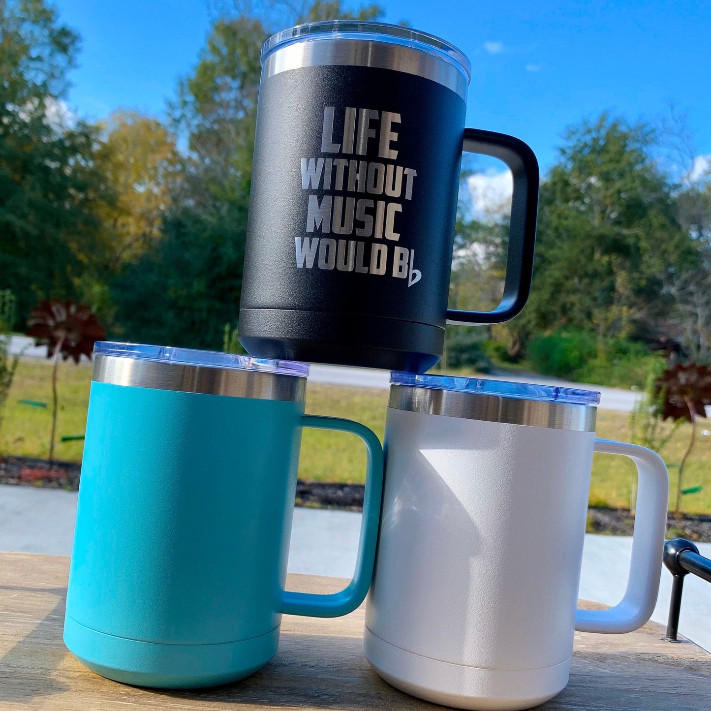 Musical Quote Etched Stainless Powder Coated Coffee Mug Tumbler with Lid - Life Without Music Would B Flat    / Father's Day Gift / Valentine's Day Gift
