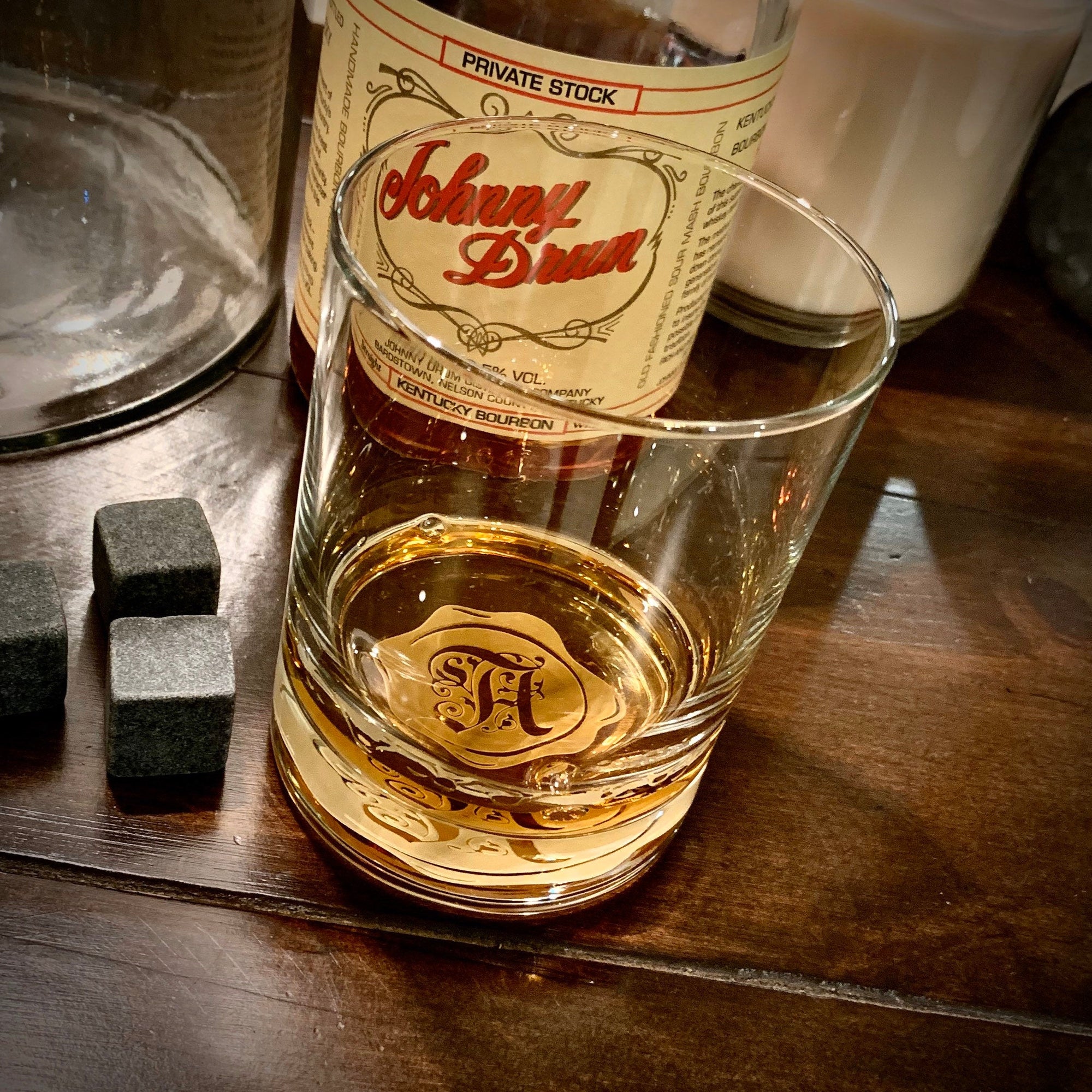 Custom Scotch Whiskey Rocks Glass, Metal Base, Antiqued Wax Seal