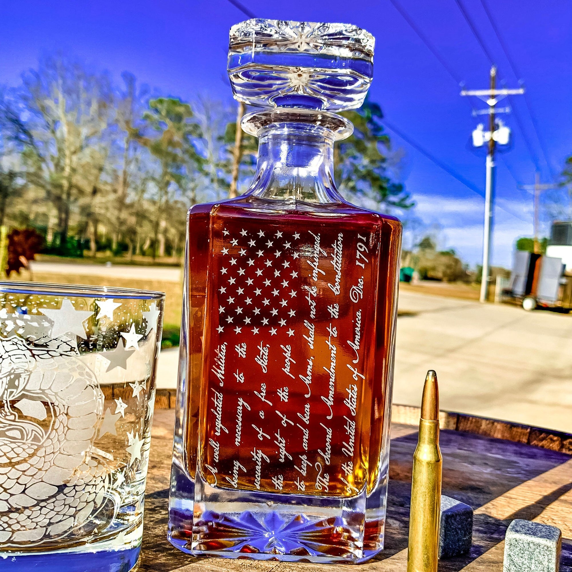 American flag mount sold with whiskey decanters