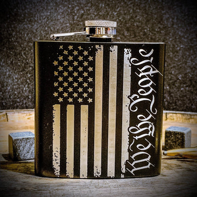 We The People Tattered Flag Etched Whiskey Flask    / Christmas Gift