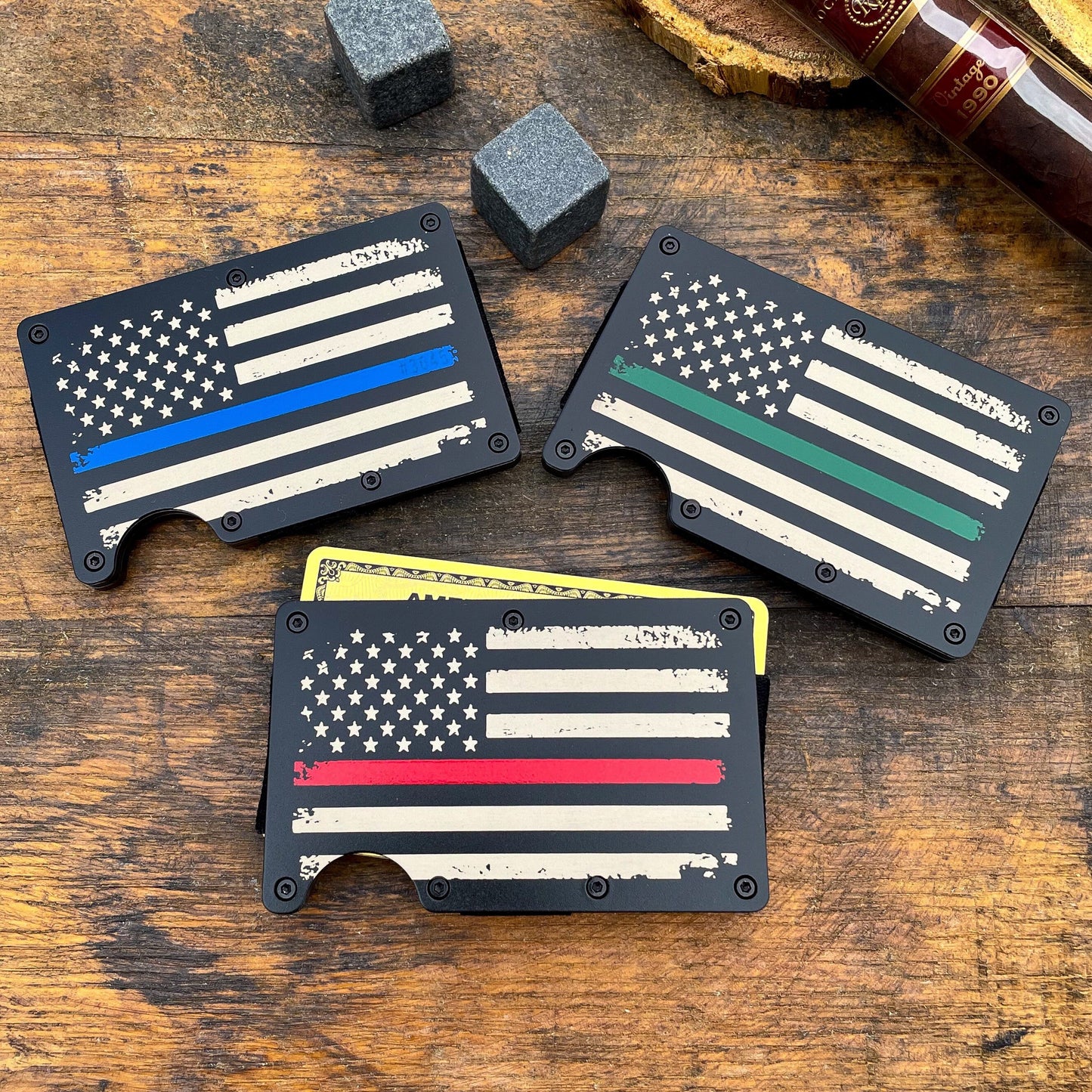 Thin Blue, Red, Green Line / Slim Metal Wallet / Etched Flag / RFID Blocking / Groomsmen Wallet / Etched Money Clip / Father's Day Gift / Valentine's Day Gift
