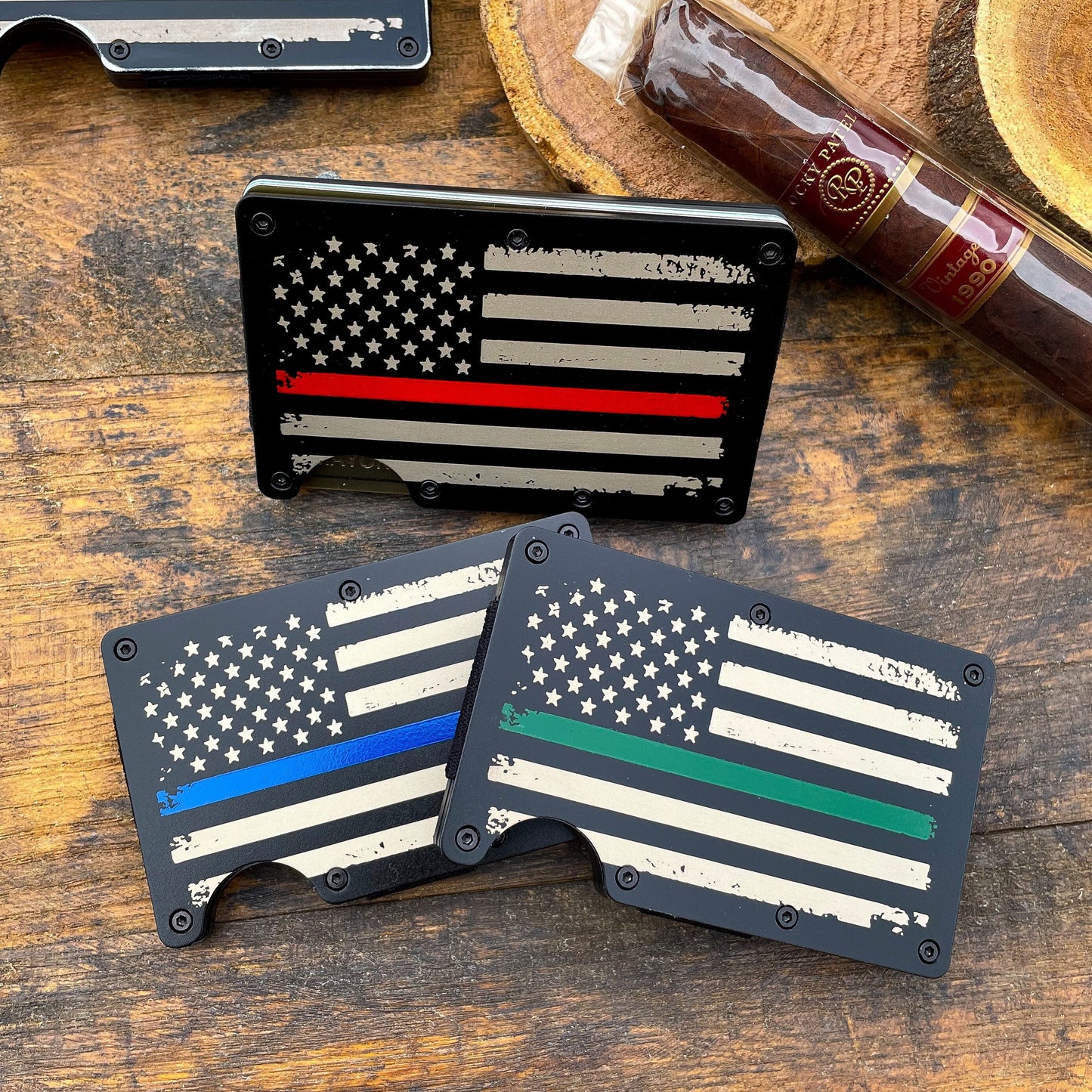 Thin Blue, Red, Green Line / Slim Metal Wallet / Etched Flag / RFID Blocking / Groomsmen Wallet / Etched Money Clip / Father's Day Gift / Valentine's Day Gift