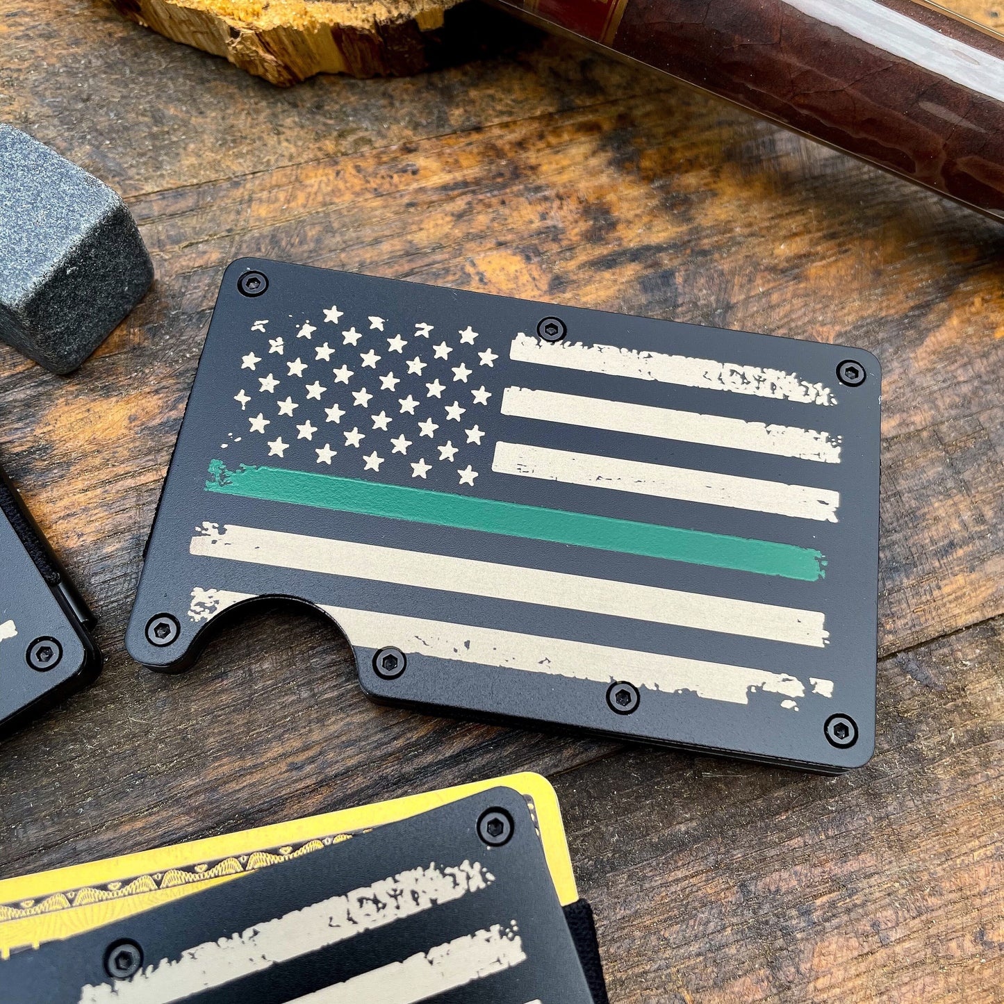 Thin Blue, Red, Green Line / Slim Metal Wallet / Etched Flag / RFID Blocking / Groomsmen Wallet / Etched Money Clip / Father's Day Gift / Valentine's Day Gift