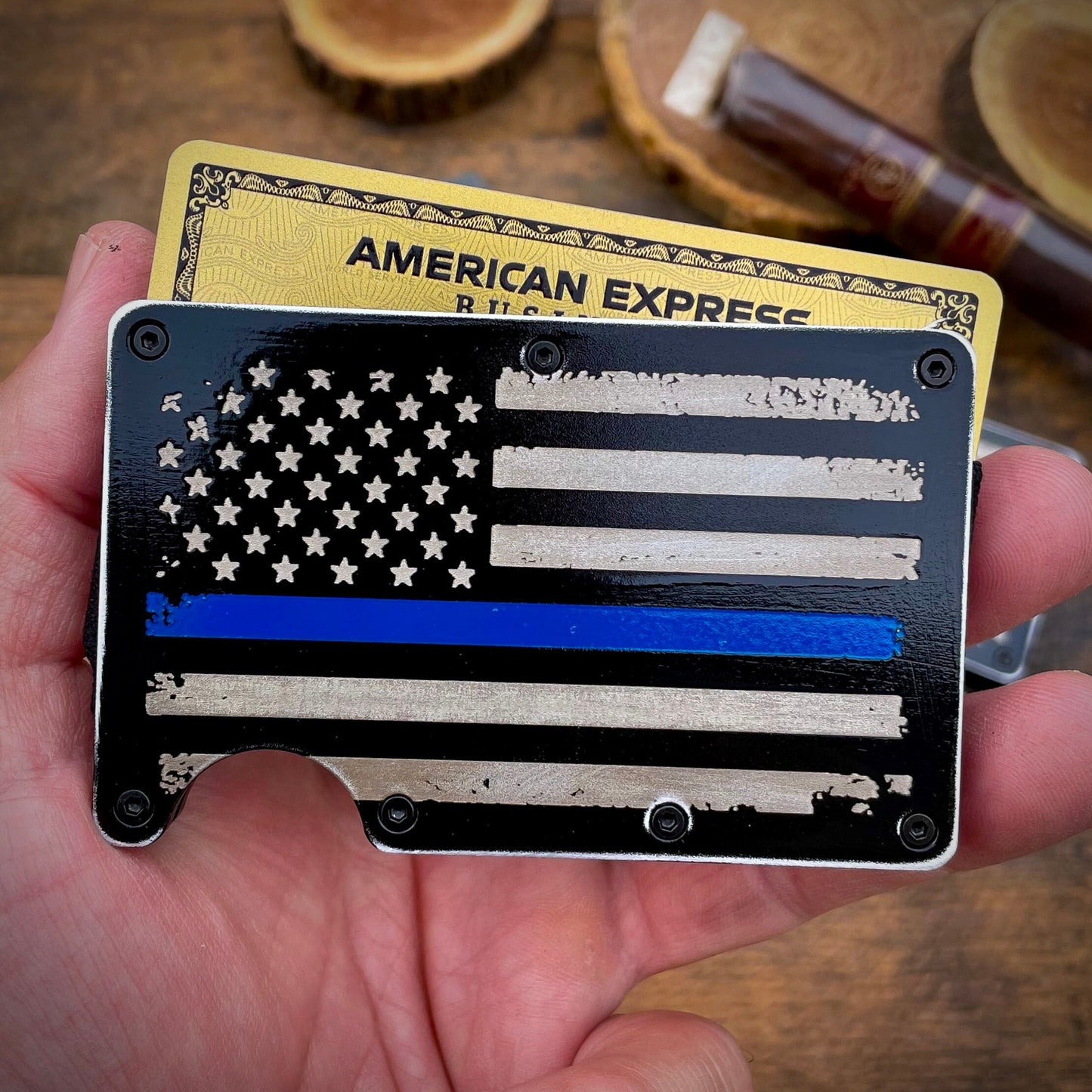 Distressed Thin Blue, Red, Green Line / Slim Metal Wallet / Etched Flag / RFID Blocking /  Etched Money Clip  / Father's Day Gift / Valentine's Day Gift