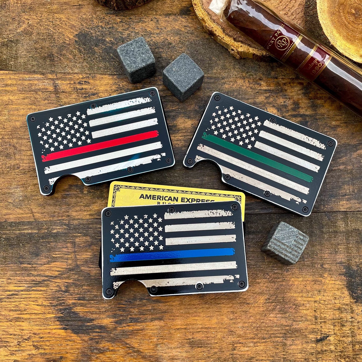 Distressed Thin Blue, Red, Green Line / Slim Metal Wallet / Etched Flag / RFID Blocking /  Etched Money Clip  / Father's Day Gift / Valentine's Day Gift