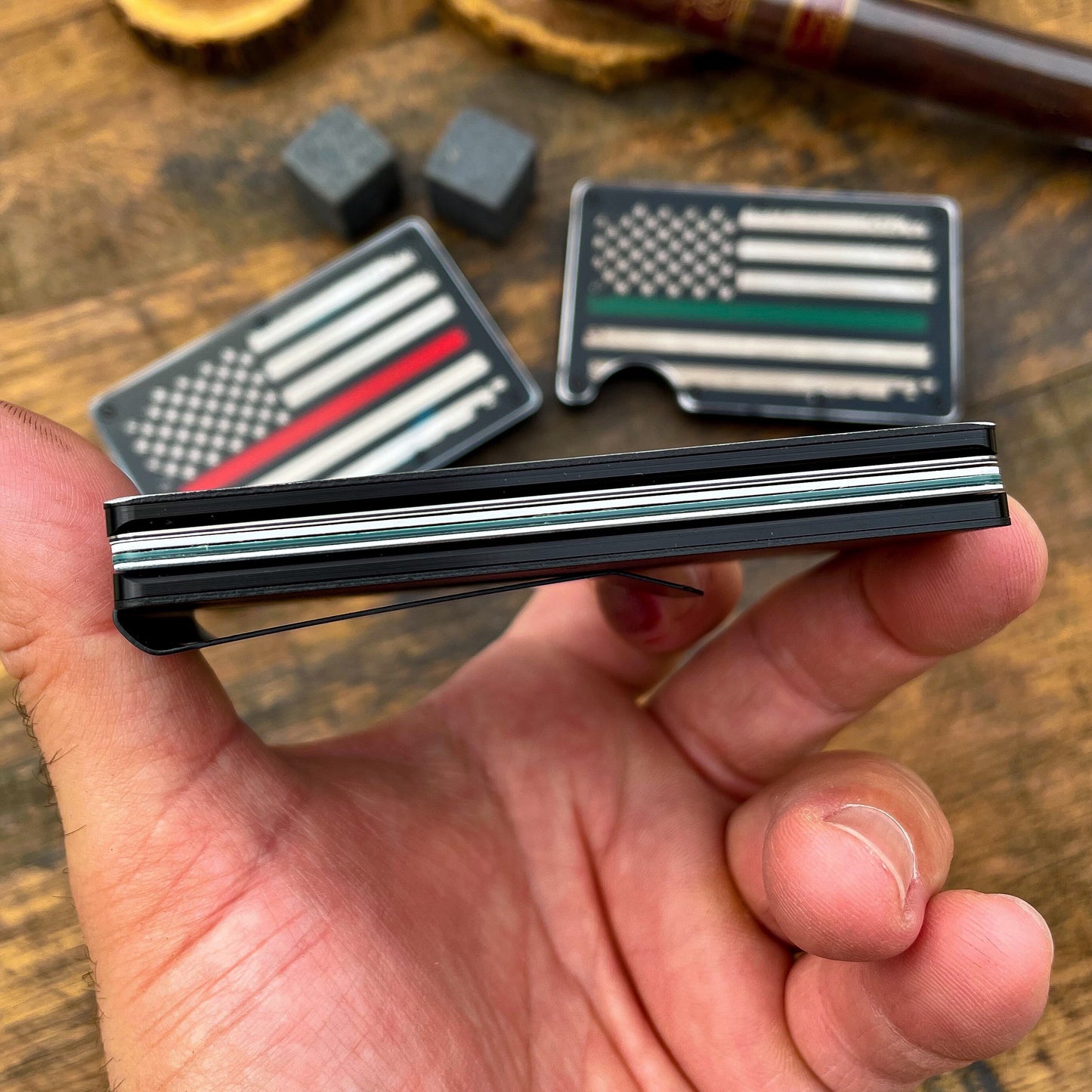 Distressed Thin Blue, Red, Green Line / Slim Metal Wallet / Etched Flag / RFID Blocking /  Etched Money Clip  / Father's Day Gift / Valentine's Day Gift