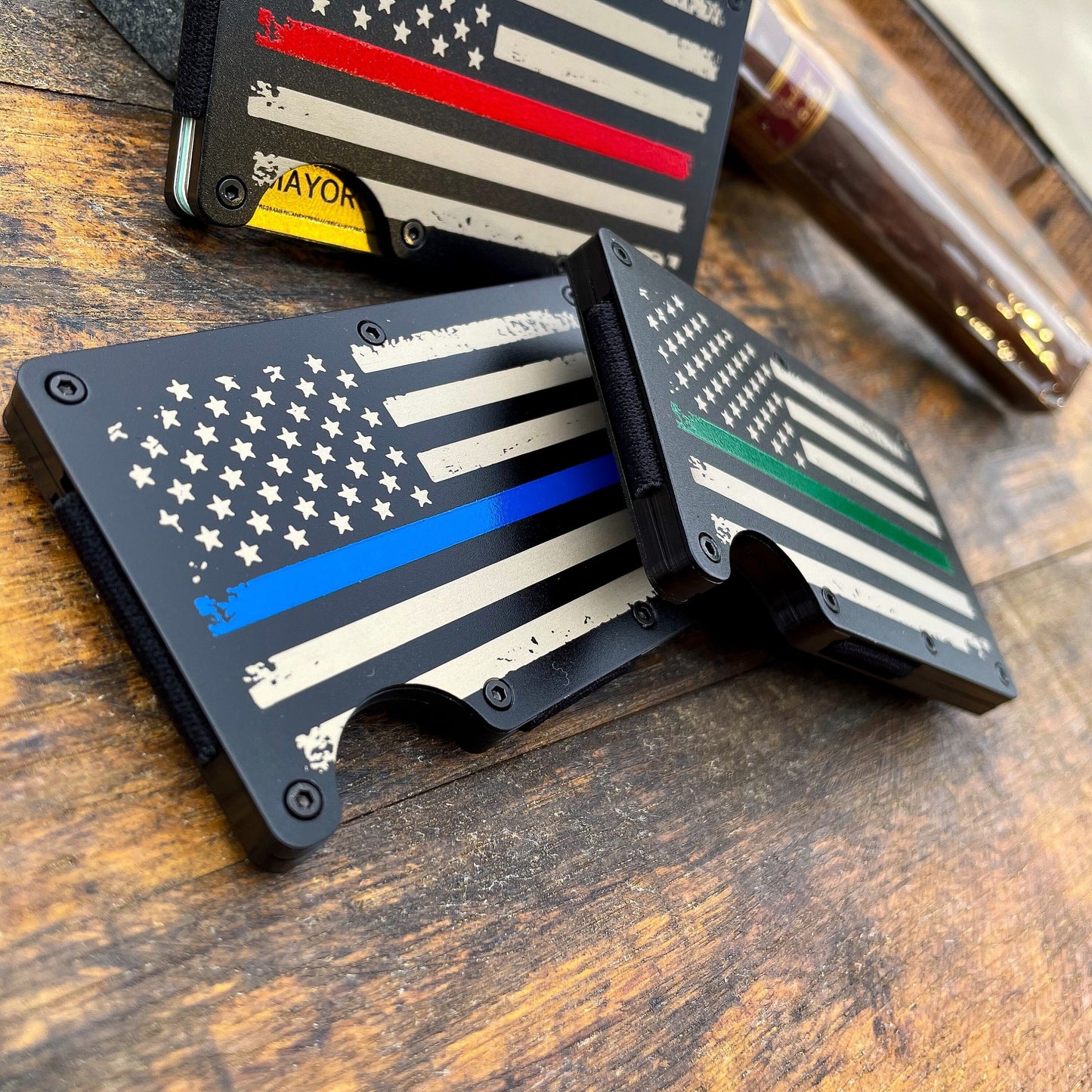 Thin Blue, Red, Green Line / Slim Metal Wallet / Etched Flag / RFID Blocking / Groomsmen Wallet / Etched Money Clip / Father's Day Gift / Valentine's Day Gift
