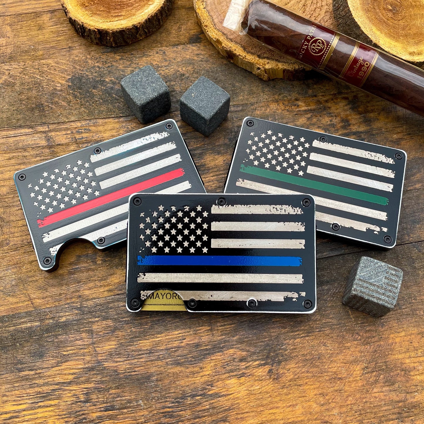 Distressed Thin Blue, Red, Green Line / Slim Metal Wallet / Etched Flag / RFID Blocking /  Etched Money Clip  / Father's Day Gift / Valentine's Day Gift