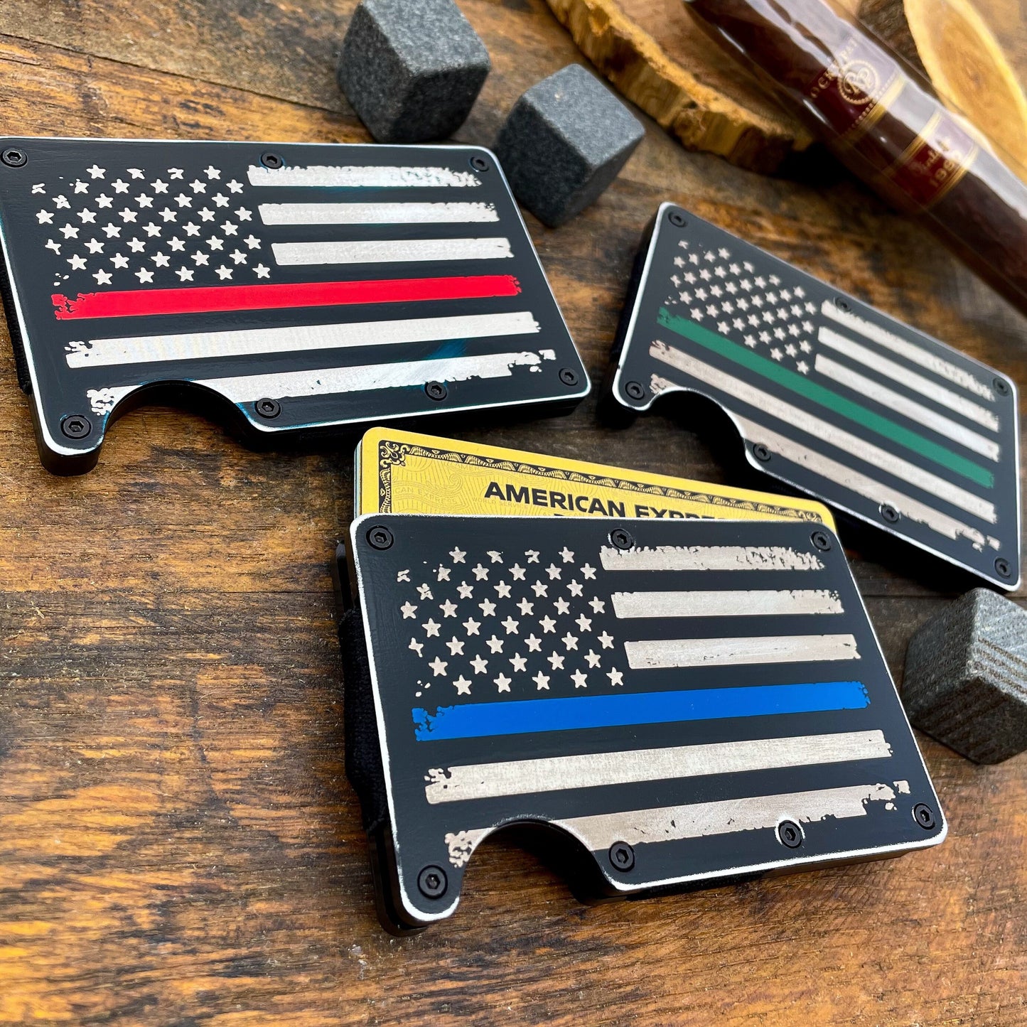Distressed Thin Blue, Red, Green Line / Slim Metal Wallet / Etched Flag / RFID Blocking /  Etched Money Clip  / Father's Day Gift / Valentine's Day Gift