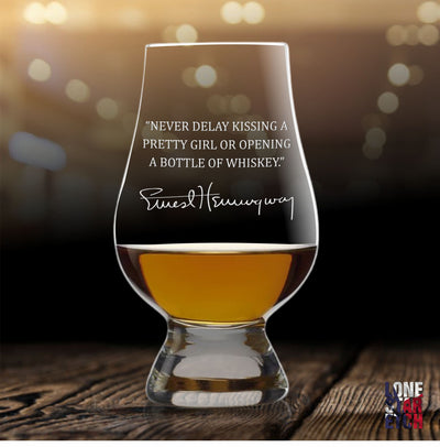 Ernest Hemingway Quote   Never Delay Kissing  Engraved  Glencairn Whiskey  Bourbon Glass  Scotch  Tasting Glass   / Valentine's Day Gift