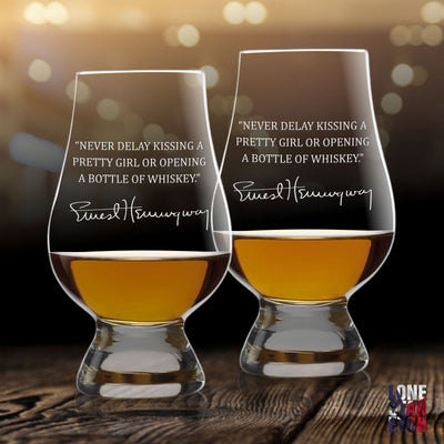 Ernest Hemingway Quote   Never Delay Kissing  Engraved  Glencairn Whiskey  Bourbon Glass  Scotch  Tasting Glass   / Christmas Gift