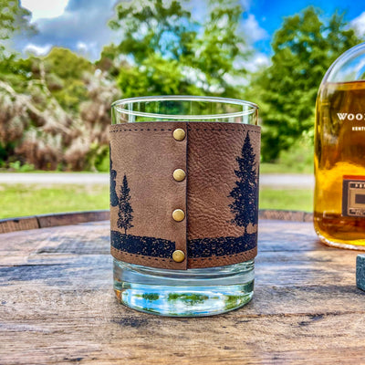 Wooded Forest Nature Scene Whiskey Glass / Bourbon Glass / Scotch Glass / Engraved Leatherette Wrap / Single Glass  / Father's Day Gift