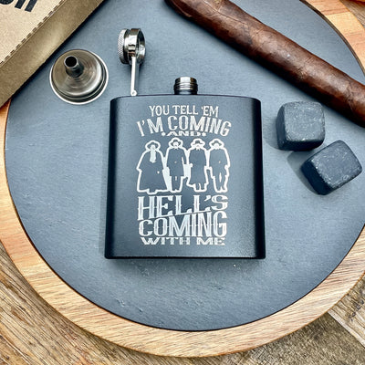 Doc Holliday Squad / Hell’s Coming with Me / Laser Etched Whiskey Flask / Gift for Him / Gifts for Men / Father's Day Gift