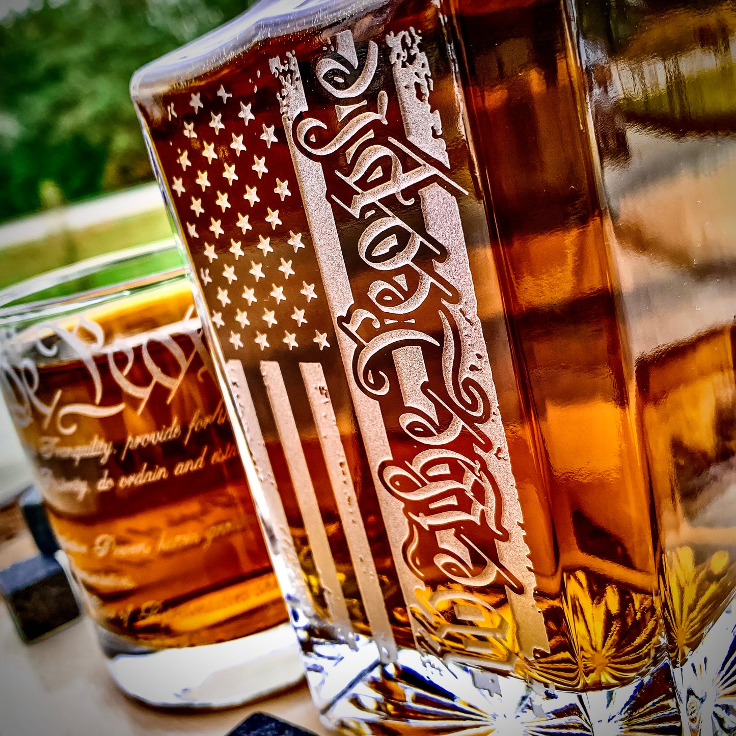 We The People American Flag  360 Wrap U.S. Constitution Glass  Engraved Whiskey Decanter or Decanter Set of 3    / Father's Day Gift / Valentine's Day Gift