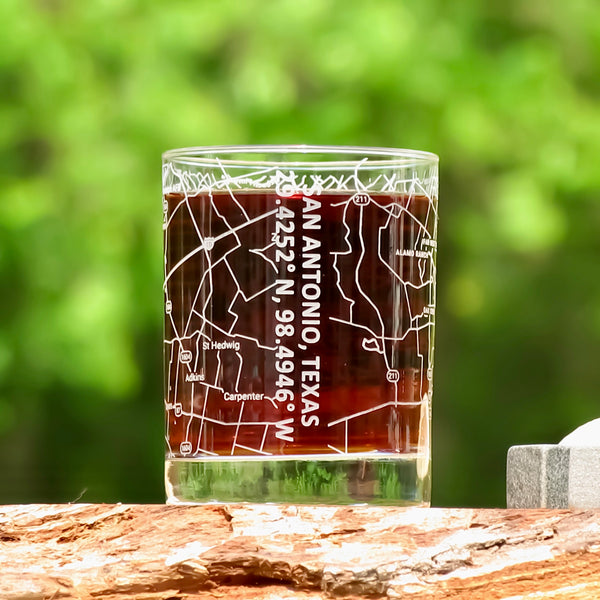 San Antonio City Map Whiskey Glass 360 Engraved (13.5 oz) / Father's D
