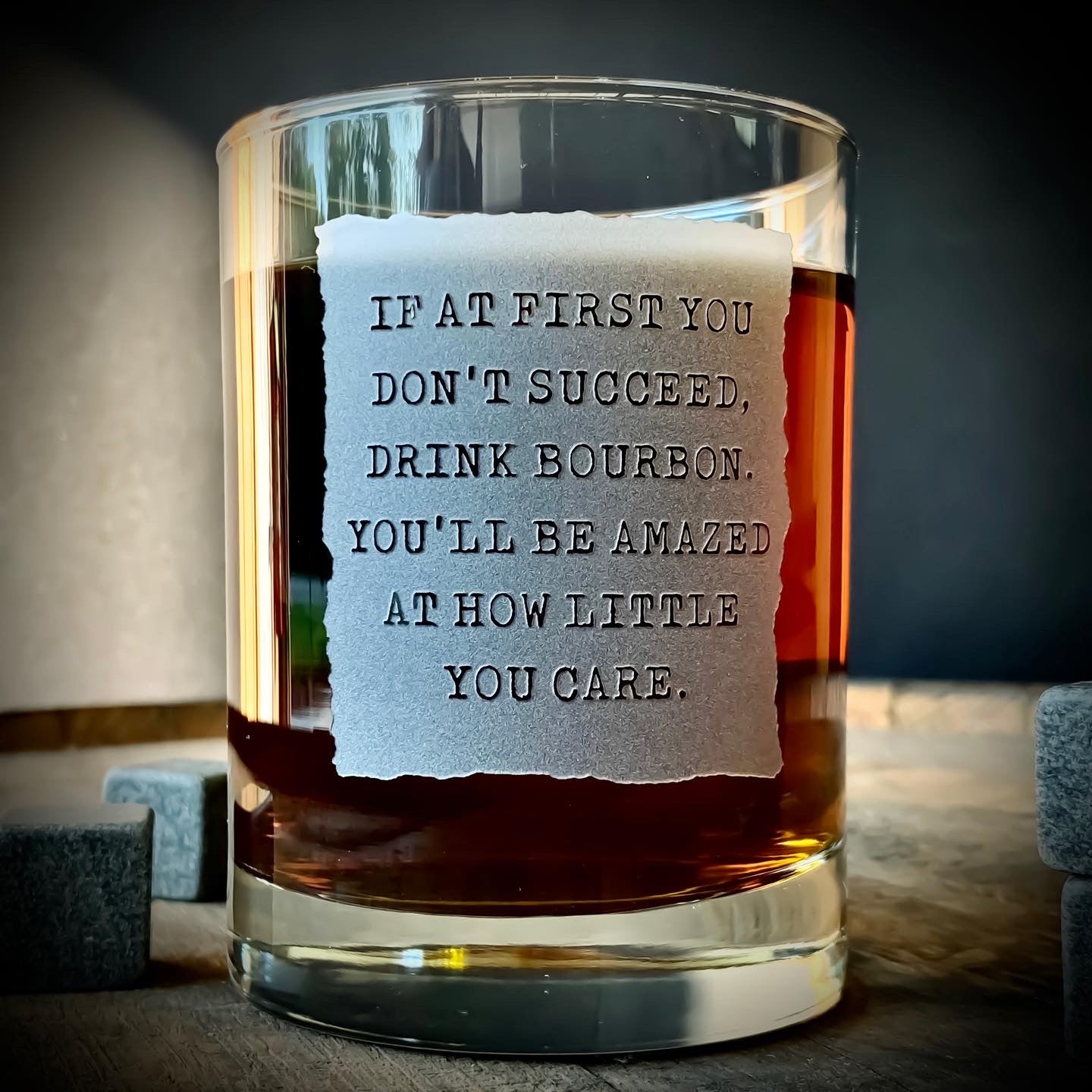 Drink Bourbon and Care Less Engraved Whiskey Glass / Bourbon Glass / Father's Day Gift / Valentine's Day Gift